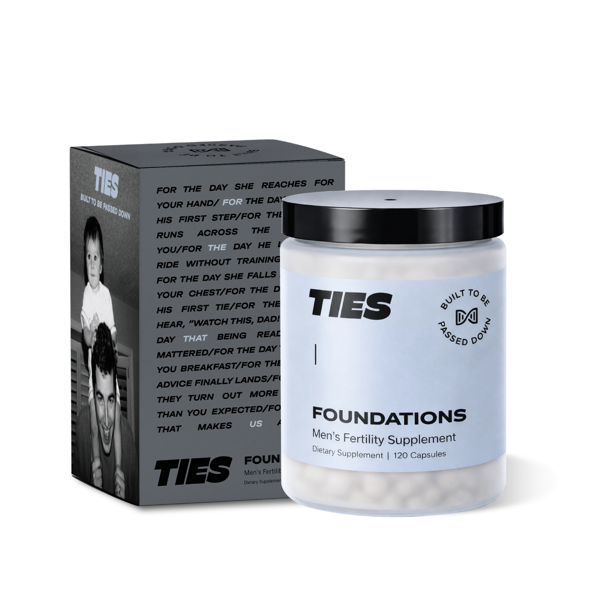 TIES Foundations men's fertility supplement jar and box, 120 capsules